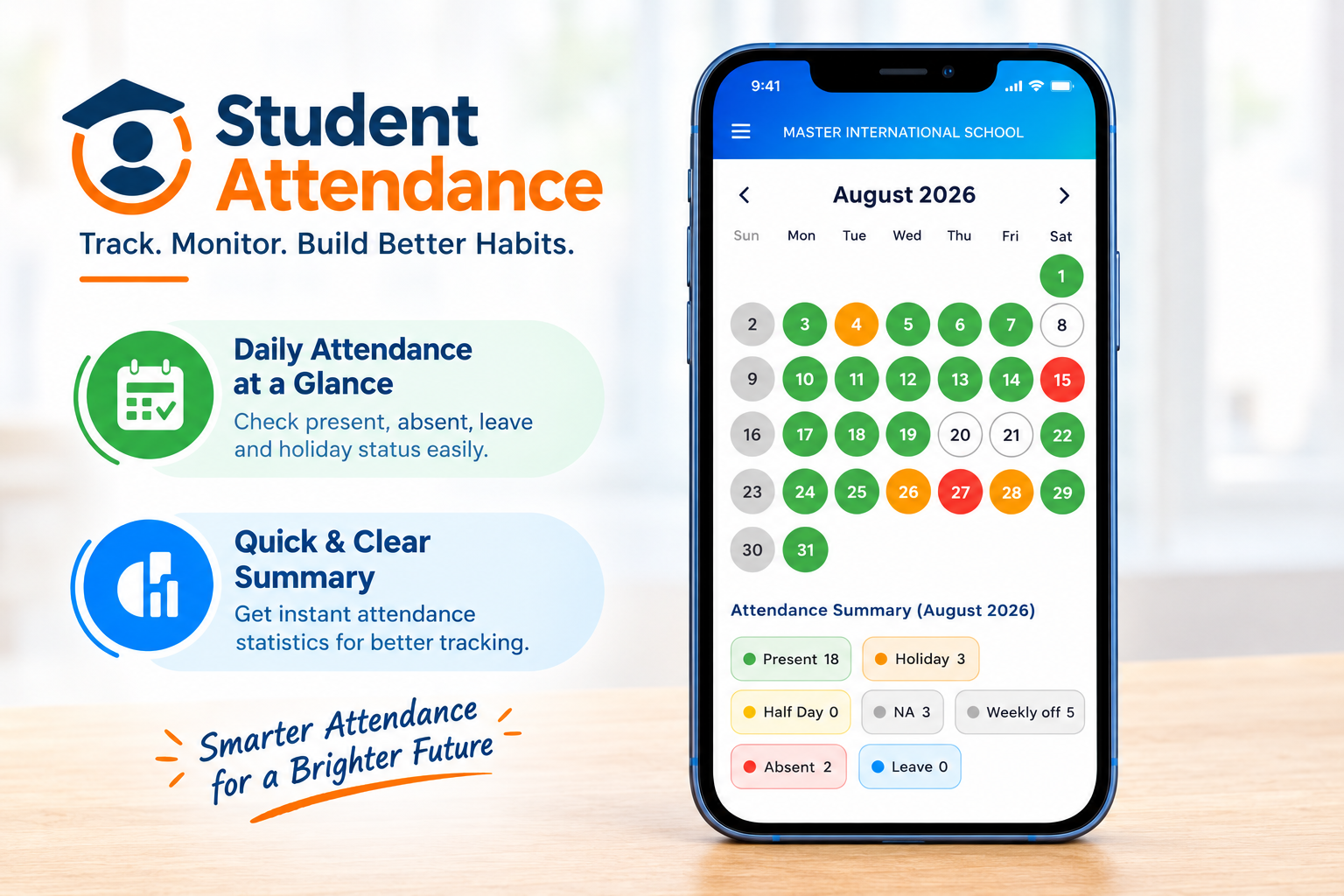 Two screens of the Parent's App: the home screen with PTM, holidays, fee and attendance, and a monthly attendance calendar with summary